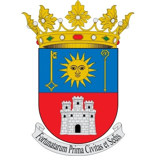 Escudo oficial del Ayuntamiento de Telde con su diseño tradicional heráldico que incluye el sol, las llaves de San Pedro, la corona real y la inscripción histórica.